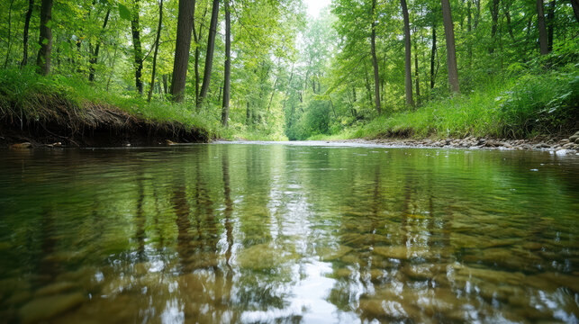 Peaceful river running through forest with calm reflections and lush green foliage