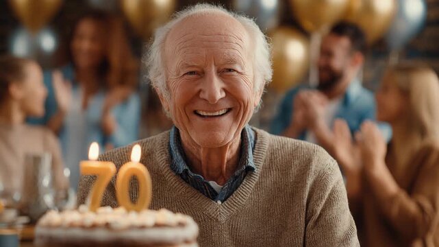 Smiling Elderly Man Celebrating 70th Birthday with Family and Friends