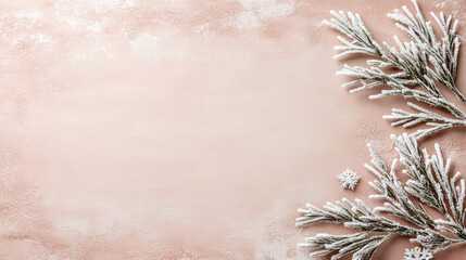 Frosted pine branch snowflake pink background winter decoration snowy texture