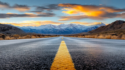 Sunset road mountain sky reflection empty road center area tranquil mood