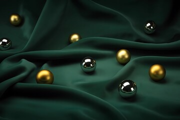 Elegant emerald green silk background with scattered gold and silver spheres creates a luxurious and sophisticated abstract design perfect for upscale branding