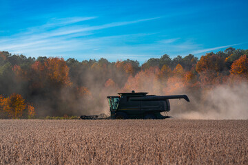 Fototapeta premium Combine harvester in a wheat field. Harvesting on rural farm. Combine harvester machinery. Agricultural Combine harvester at work. Rural landscape with a combine harvester. Rural farming.