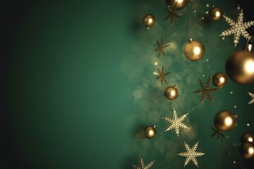 Elegant golden Christmas ornaments and stars create a festive mood against a rich teal background, perfect for holiday designs and seasonal promotions