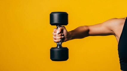 Woman's Arm Holding a Dumbbell Against a Bright Yellow Background