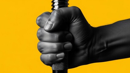 Close-up of a Tightly Clenched Fist Gripping a Barbell on Yellow Background