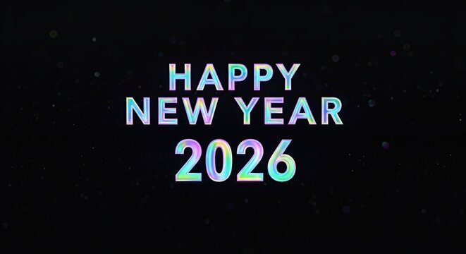 Celebrate a vibrant Happy New Year 2026 with holographic text against a dark, sparkling backdrop for festive invitations and digital greetings - Powered by Adobe