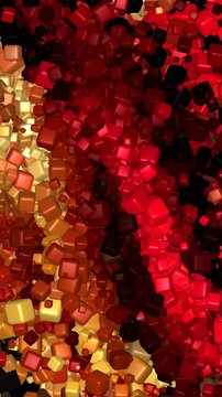 Gradient driven forward swarm of glossy yellow orange red and black cubes shaping a vibrant layered abstract background marked by bold color transitions and vivid movement