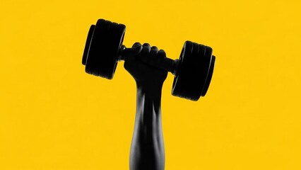 Silhouette of a Strong Hand Gripping a Dumbbell Against a Vibrant Yellow Background