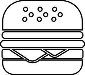 Burger fast food icon in black line style featuring sandwich, hamburger, cheeseburger, snack, meal, cuisine, deli, and food related synonym elements for restaurant branding and menu design