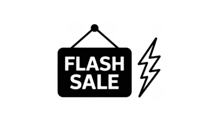 White outline of a hanging sign with text F L A S H S A L E and a lightning bolt symbol isolated on a transparent background