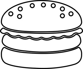 Burger fast food icon in black line style featuring sandwich, hamburger, cheeseburger, snack, meal, cuisine, deli, and food related synonym elements for restaurant branding and menu design