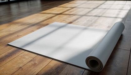 Yoga Mat Ready for Practice on Wooden Floor in Sunlight