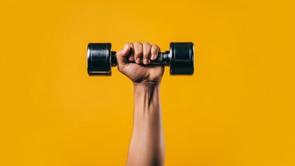Hand Holding a Chrome Dumbbell Against a Vibrant Yellow Background