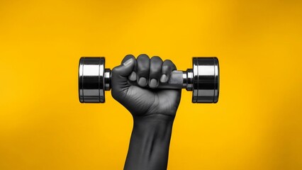 Close-up of a Person's Hand Gripping a Chrome Dumbbell Against Yellow Background