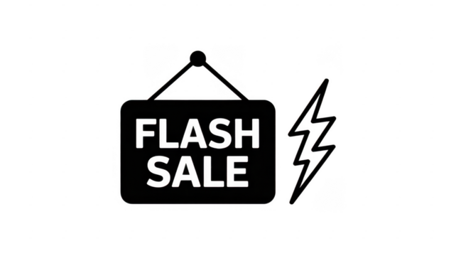 White outline of a hanging sign with text F L A S H S A L E and a lightning bolt symbol isolated on a transparent background