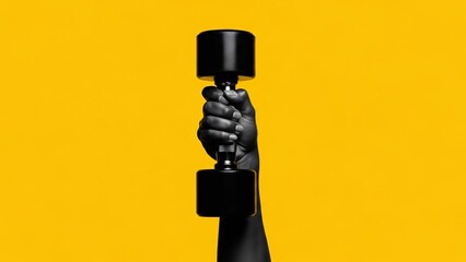 Close-up of a Hand Holding a Black Dumbbell Against a Vibrant Yellow Background