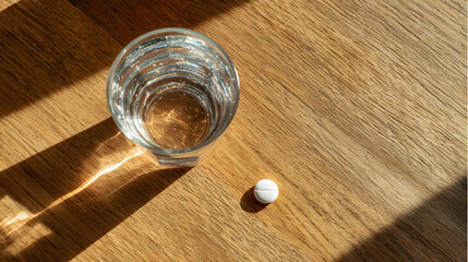 Glass of water and one white pill on wooden table