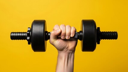 Hand Gripping a Black Dumbbell Against a Vibrant Yellow Background