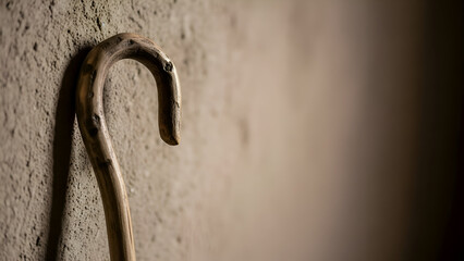 Shepherd's crook rests against a weathered stone wall in a dimly lit stable, evoking a sense of rustic simplicity and timeless tradition.