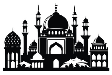 Black silhouette showcases architectural mastery with domes and minarets, reflecting cultural heritage and artistic expression