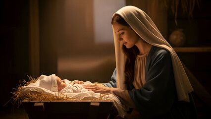 Mary lovingly gazes upon baby Jesus in a humble manger, bathed in soft light, symbolizing hope and the beginning of a new era.
