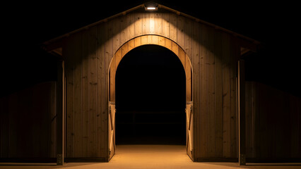 Wooden barn entrance glows warmly in the dark night, creating a mysterious and inviting atmosphere with its illuminated archway and rustic charm.