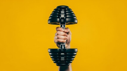 Hand Gripping a Black Adjustable Dumbbell on a Bright Yellow Background