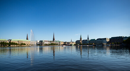 Historic buildings on the Alster waterfront in Hamburg. Hamburg skyline. Architecture of Hamburg. Hamburg city beside the Alster.
