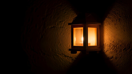 Glowing lantern casts warm light on textured wall in dimly lit room, creating a cozy and inviting atmosphere with its soft illumination.