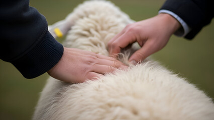 Farmer checking the wool of a sheep in a green pasture on a cloudy day, ensuring animal health and quality wool production in a rural setting.