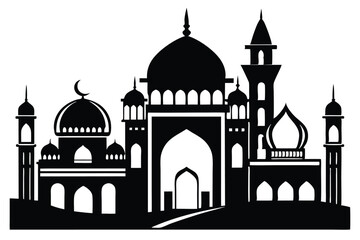 Islamic architecture illustrates a silhouette of a grand mosque with domes, towers and intricate details