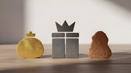 Golden bag, gift box, and rock sit sidebyside on wooden surface in soft light, symbolizing wealth, generosity, and hardship in a minimalist and symbolic way.