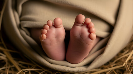 Tiny baby feet peeking out from a soft, neutralcolored blanket in a cozy crib, capturing the innocence and fragility of new life.