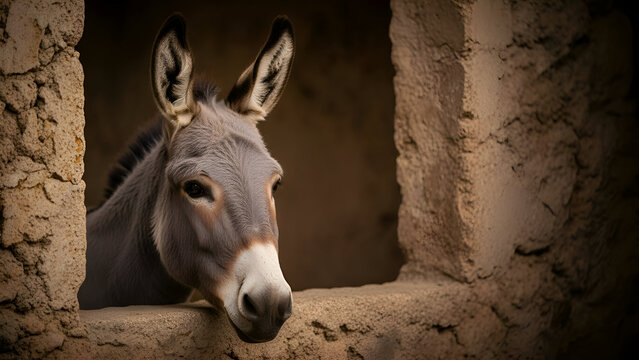 Donkey peers out from a stone window in an old building, showcasing its gentle face and curious expression in the warm light of the countryside.