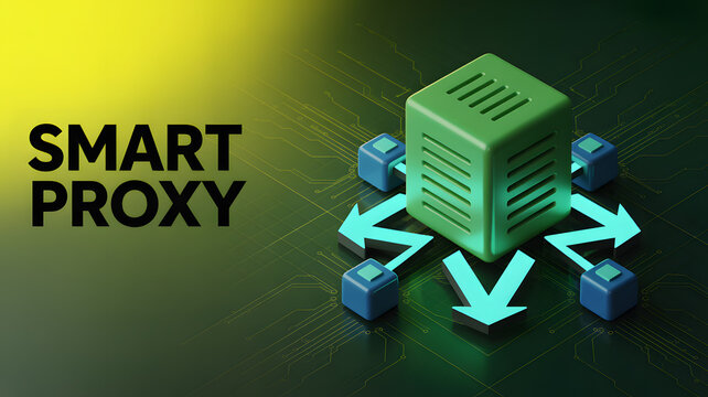 Green cube with arrows connecting to smaller cubes in a network on a dark background with text smart proxy