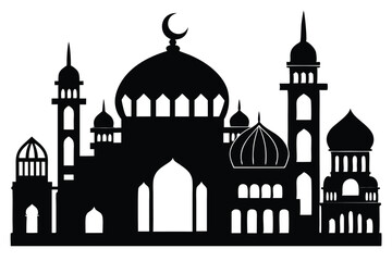 Detailed black silhouette depicts a mosque with domes and crescent moon on white background