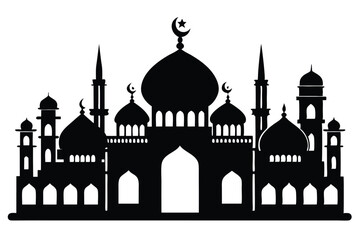 Black silhouette shows a mosque architecture with domes and towers against a white backdrop