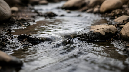 Clear stream flows gently over smooth rocks in a shallow riverbed on a cloudy day, creating a peaceful and serene atmosphere.