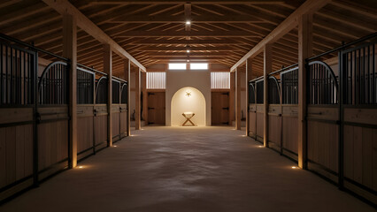 Empty horse stable showcases wooden stalls and arched alcove with book in center, creating peaceful and serene atmosphere.