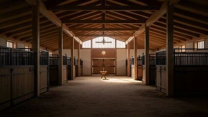 Empty horse stable stands peacefully with wooden beams and stalls under soft light, creating a serene and inviting atmosphere for equestrian activities.