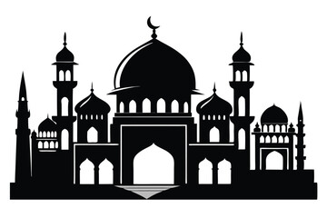 Detailed silhouette showcases a beautiful mosque with elegant domes and towering minarets in full view