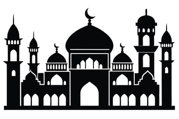 Black silhouette of a large mosque showcases Islamic architectural details with pointed towers and crescent moons