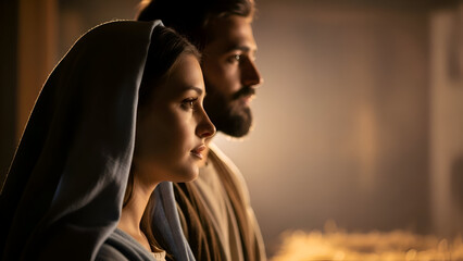 Mary and Joseph gaze thoughtfully into the distance in a stable, awaiting the birth of Jesus Christ on a quiet, holy night, filled with anticipation and reverence.