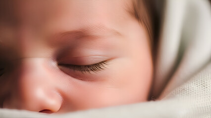 Closeup of newborn baby sleeping peacefully wrapped in soft white blanket, showcasing delicate features and creating a sense of serenity and innocence.
