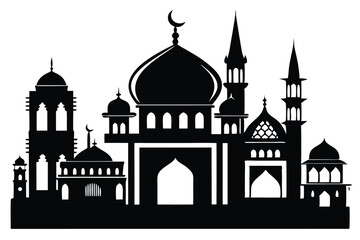 Silhouette of a mosque with domes and crescent moon shows elegant Islamic architecture