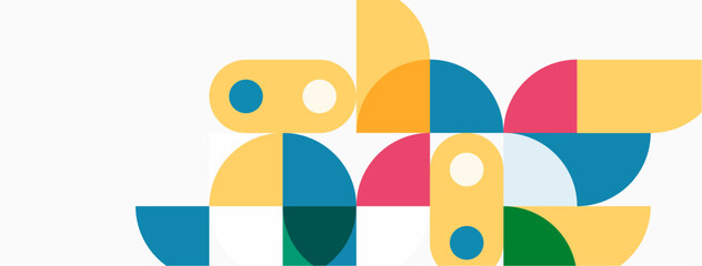 Abstract geometric shapes overlap, creating colorful composition. Yellow, blue, green, pink dominate design. Modern, minimalist aesthetic.