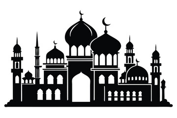 Black mosque silhouette featuring crescents and multiple minarets stands majestically against a white backdrop