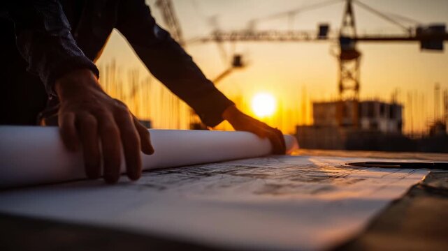 Architect Reviewing Construction Plans at Sunset with Cranes