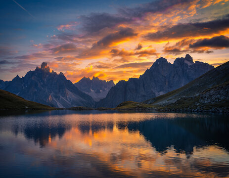 Stunning mountain peaks reflecting in tranquil lake at sunset with vibrant colors, perfect for travel blogs and nature calendars, inspiring tranquility