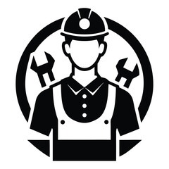Faceless worker in hardhat displays two wrenches within a circle, rendered in monochrome